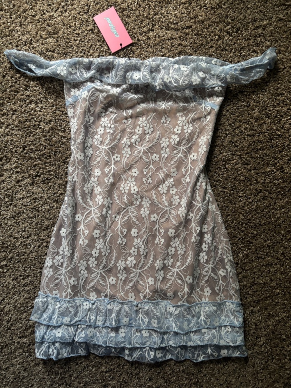 Edikted Off-Shoulder Lace MiniDress in Light Blue and Nude NWT XS